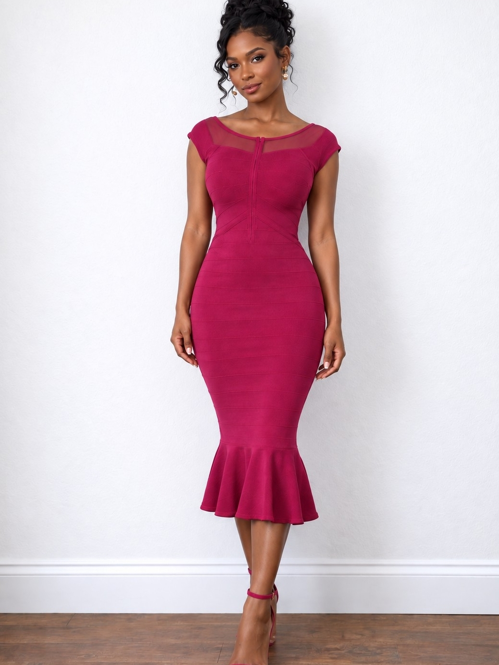 VENUS Magenta Bandage Mermaid Midi Dress with Mesh Yoke
